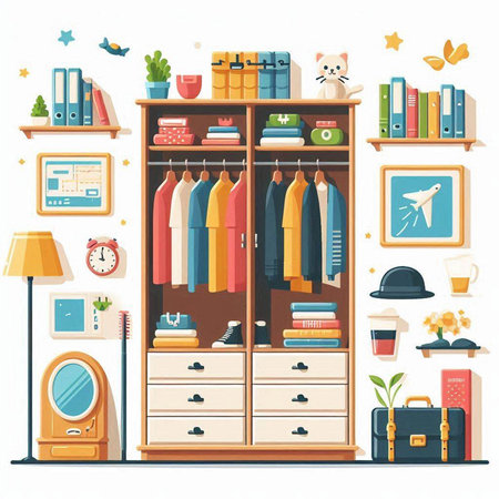 Closet with furniture and accessories. Vector illustration in flat styleのイラスト素材
