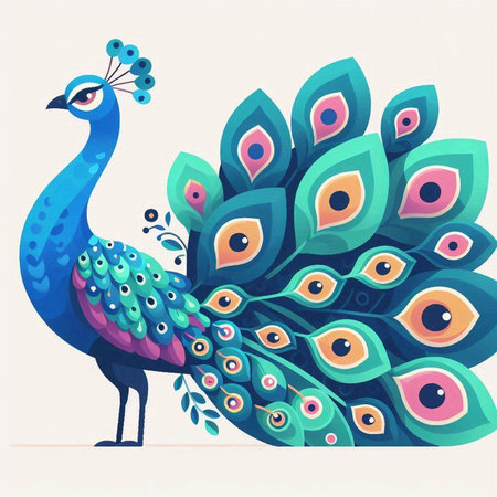 Peacock on a white background. Vector illustration in cartoon style.のイラスト素材