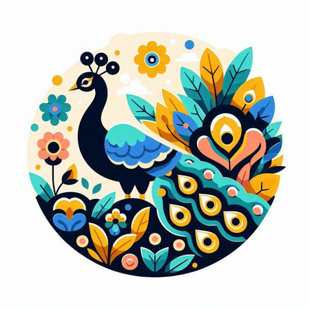 Peacock with flowers and leaves in the circle. Vector illustration.のイラスト素材