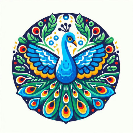 Peacock in the circle. Colorful vector illustration in ethnic style.のイラスト素材