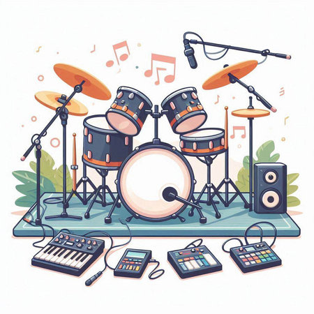 Drum set with music instruments. Vector illustration in cartoon style.のイラスト素材