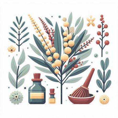 Set of essential oils and herbs. Vector illustration in flat style.のイラスト素材