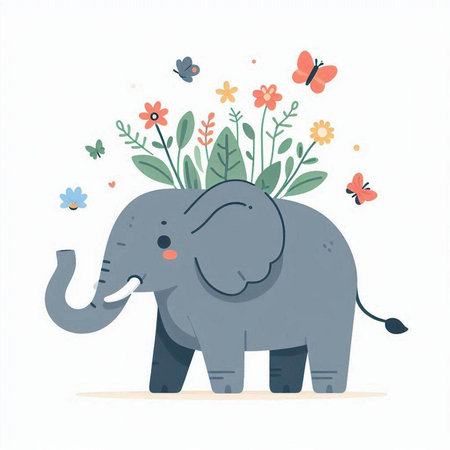 Cute elephant with flowers and butterflies. Vector illustration in cartoon style.のイラスト素材