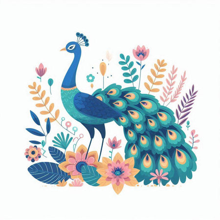 Peacock with flowers, leaves and plants. Vector illustration.のイラスト素材