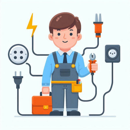 Electrician with tools. Vector illustration in cartoon style on white background.のイラスト素材