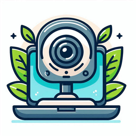 Webcam icon with green leaves. Vector illustration in flat style.のイラスト素材