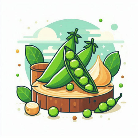 Peas in pods on a wooden stand. Vector illustration of a flat style.のイラスト素材