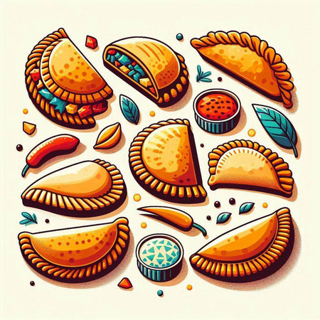 Vector illustration of a set of empanadas with meat and vegetables.のイラスト素材