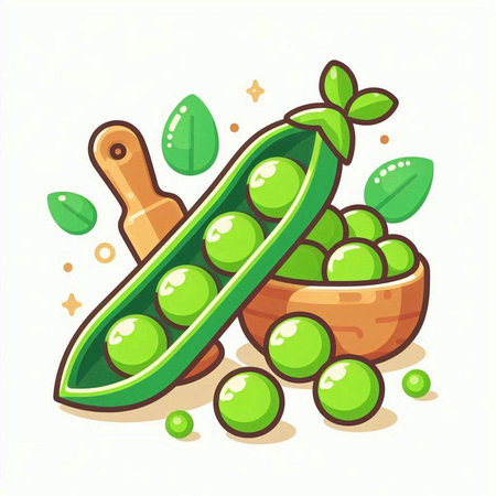 Green peas in a wooden bowl and a wooden spoon. Vector illustration.のイラスト素材