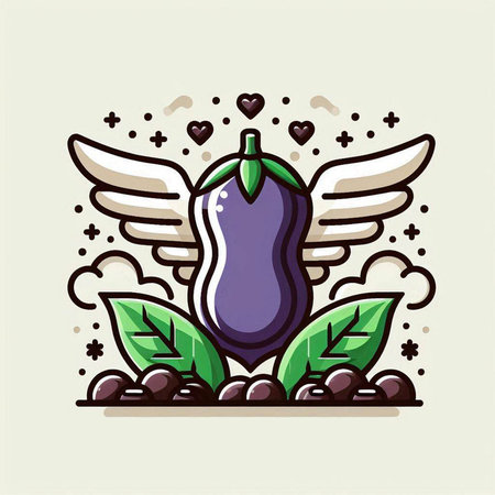 Eggplant with wings and hearts. Vector illustration in flat styleのイラスト素材
