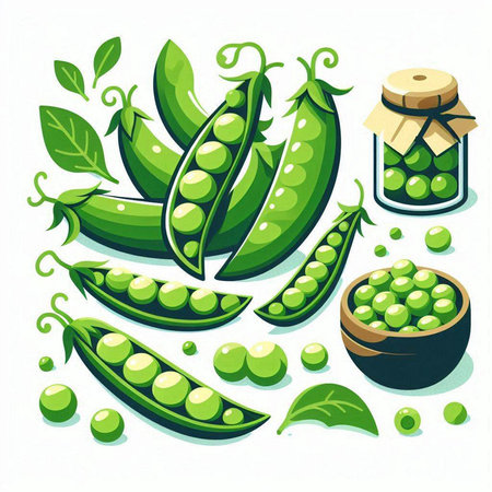 Set of fresh green peas with pods and leaves. Vector illustration.のイラスト素材