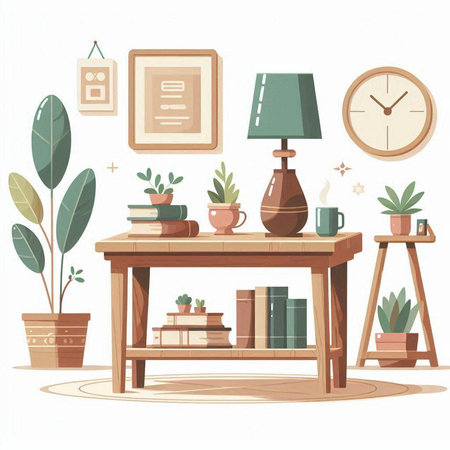 Vector illustration of a cozy living room interior with a wooden table, books and plants.のイラスト素材