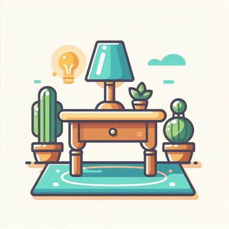 Furniture with lamp and cactuses. Flat style vector illustration.のイラスト素材