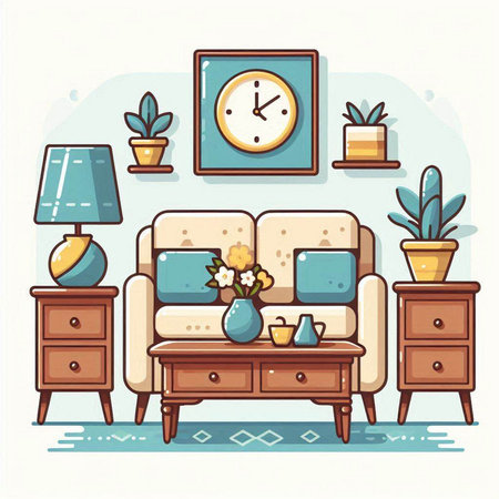 Living room interior with furniture and accessories. Vector illustration in flat style.のイラスト素材