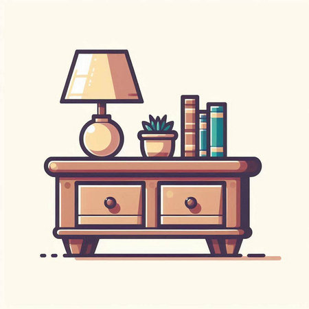 Bedside table with lamp and books. Vector illustration in flat styleのイラスト素材