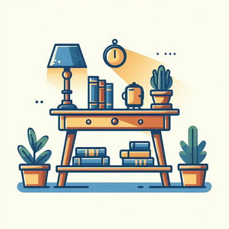 Bookshelf with books and lamp. Flat design vector illustration.のイラスト素材