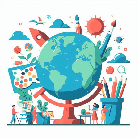 Back to school concept with globe and school supplies. Vector illustration.のイラスト素材