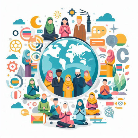 Muslim people around the world. Vector illustration in flat design style.のイラスト素材