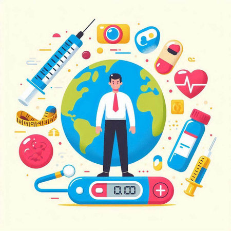Vector flat illustration of world health day concept with doctor, world globe, thermometer, pills, syringe, vaccine.のイラスト素材