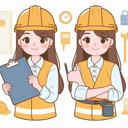 Female construction engineer or architect holding clipboard and pen. Vector illustration.のイラスト素材