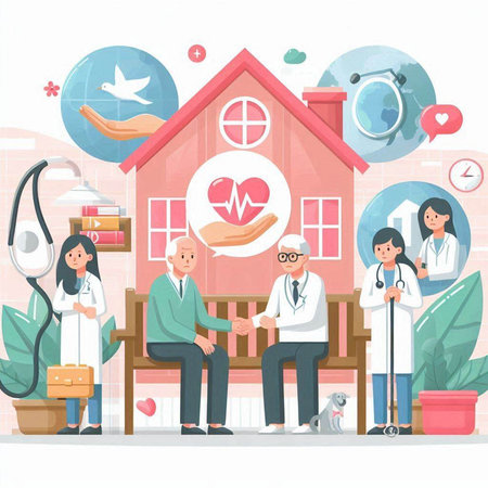 Vector illustration of a group of doctors, nurses and a patient.のイラスト素材
