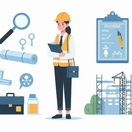 Engineer woman in hardhat with clipboard. Vector illustration in flat styleのイラスト素材