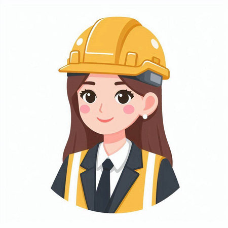 Illustration of a young woman construction worker wearing a helmet, vector illustrationのイラスト素材