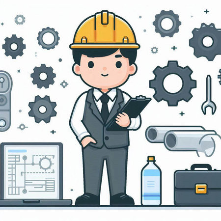 Engineer with helmet holding clipboard and working tools on background, vector illustrationのイラスト素材