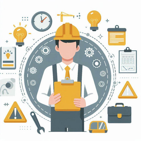 Engineer with yellow helmet and clipboard. Vector illustration in flat styleのイラスト素材