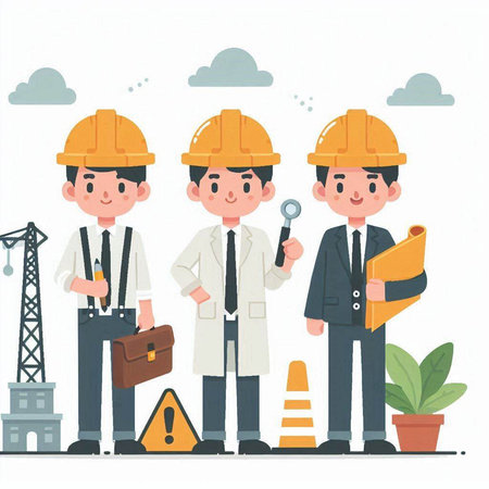 Team of engineers and architects working in the construction site. Vector illustration.のイラスト素材