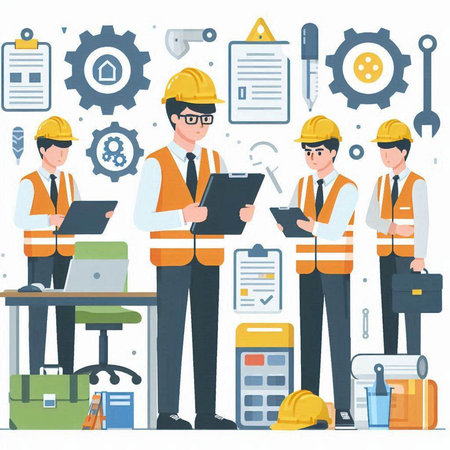 Engineer, architect, engineer, engineer, builder, architect, engineer, architect, engineer, architect, construction. Vector illustration in flat styleのイラスト素材