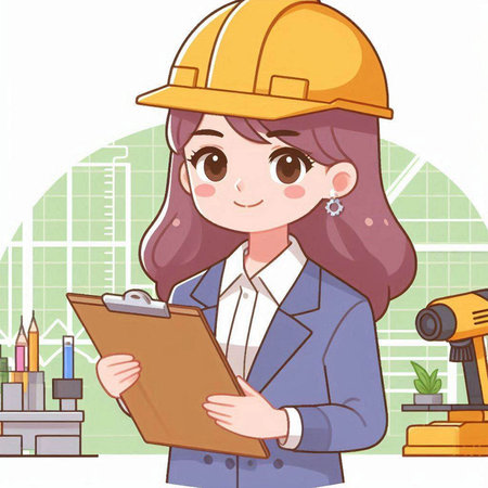 Female construction engineer with helmet and clipboard. Vector illustration in cartoon style.のイラスト素材