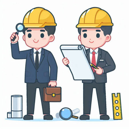 Businessman and engineer working with clipboard and tools. Vector illustration.のイラスト素材