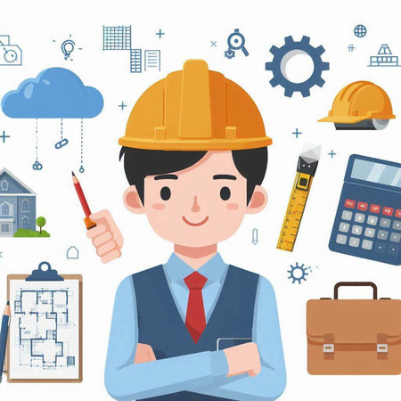 Architect working in the office. Architectural background. Vector illustration.のイラスト素材