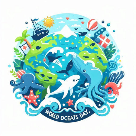 World Ocean Day. Cute vector illustration with cartoon sea animals.のイラスト素材