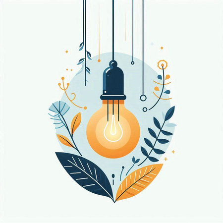 Vector illustration of a lightbulb with leaves and branches on blue backgroundのイラスト素材