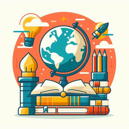 Vector illustration of education concept with globe, books, pencils and other items.のイラスト素材