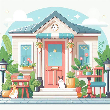 House with flowers and plants. Vector illustration in flat cartoon style.のイラスト素材