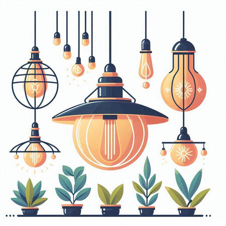 Vector illustration of a light bulb with lamps and plants in pots.のイラスト素材