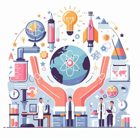 Science, chemistry, research and development concept. Vector illustration in flat styleのイラスト素材