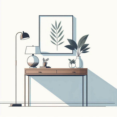 Illustration of a nightstand with a lamp and a potted plantのイラスト素材