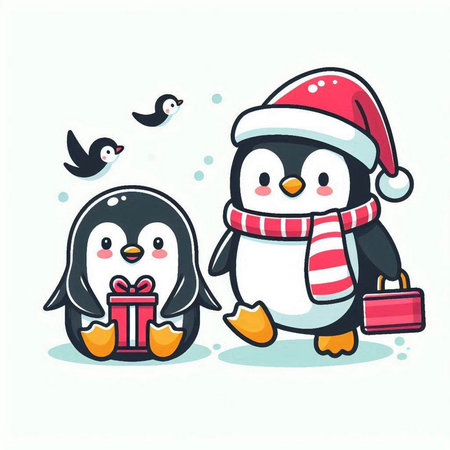 Cute penguins with christmas gifts. Vector cartoon illustration.のイラスト素材