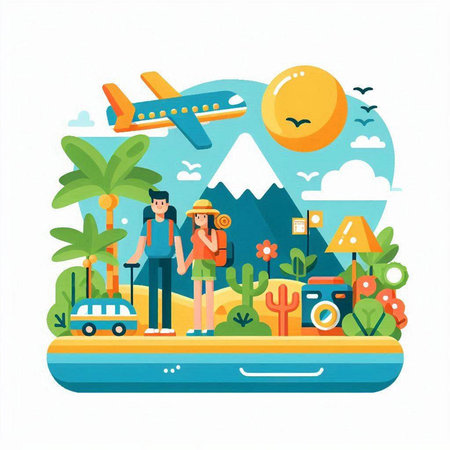 Traveling by airplane. Vector illustration in flat cartoon style. Summer vacation concept.のイラスト素材