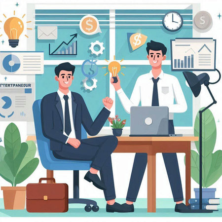 Businessman and businesswoman working together at office. Vector illustration in flat styleのイラスト素材