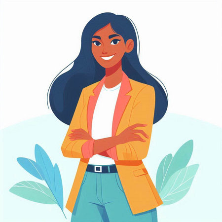 Vector illustration of a happy young woman in a yellow jacket and blue jeansのイラスト素材