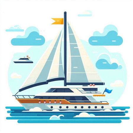 Yacht on the sea. Vector illustration in flat cartoon style.のイラスト素材