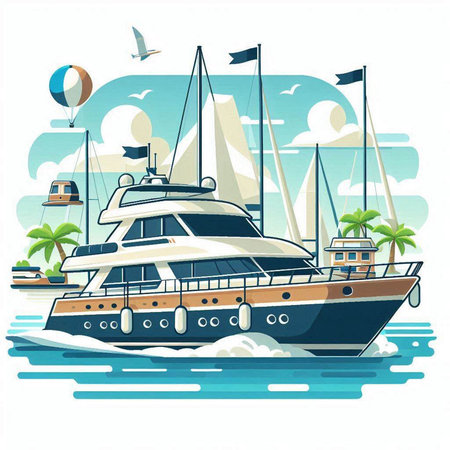 Yacht on the background of the sea and islands. Vector illustrationのイラスト素材