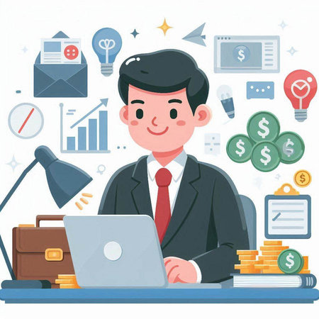 Businessman working on laptop. Vector illustration in flat cartoon style.のイラスト素材
