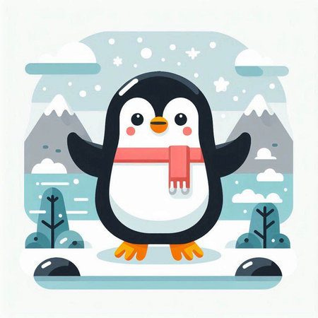 Cute penguin on ice. Winter landscape. Vector illustration.のイラスト素材