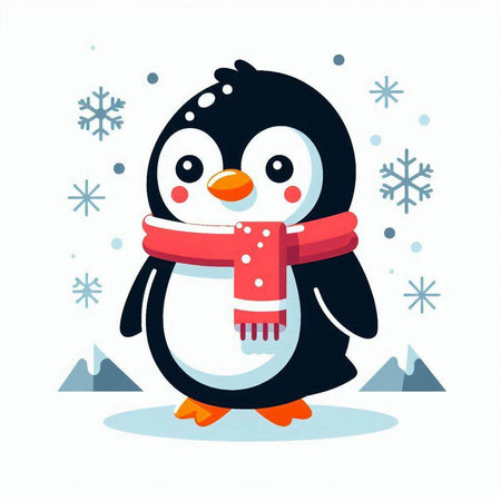 Cute penguin with scarf and snowflakes. Vector illustration.のイラスト素材